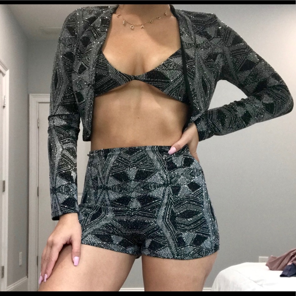 Sparkly jacket, top, and shorts